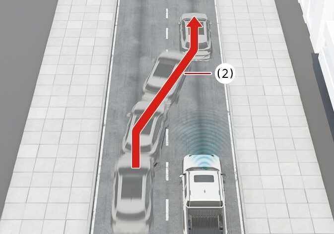 2026 Kia Tasman Forward Collision-Avoidance Assist limitation image. A grey vehicle (2) cuts into the white truck's lane, indicated by a red arrow trajectory. Blue sensor waves appear in front of the truck. This illustrates the system limitation when a vehicle suddenly cuts in front.