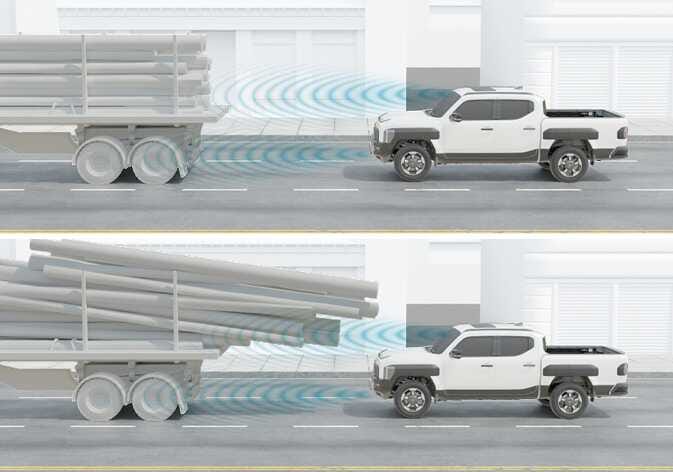 2026 Kia Tasman Smart Cruise Control limitation image. The top shows normal detection, while the bottom shows blue radar waves passing under protruding pipes. This explains the limitation in detecting extended cargo.
