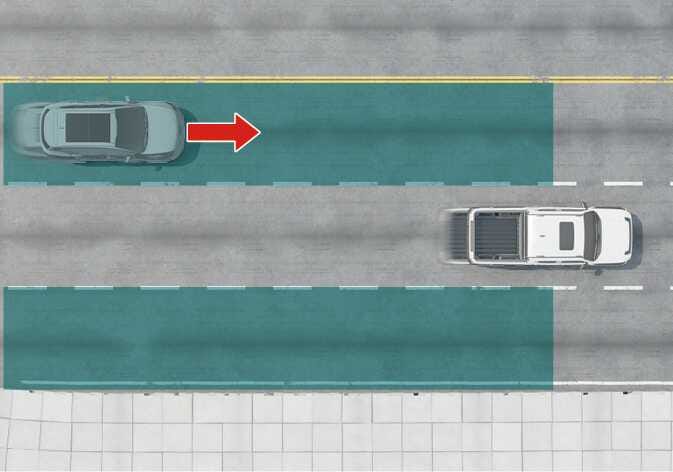 2026 Kia Tasman Blind-Spot Collision-Avoidance Assist image. A top-down view shows a grey vehicle with a red arrow pointing right and a white vehicle approaching in the adjacent lane. Teal-colored areas indicate detection zones. Explains the function of detecting vehicles approaching at high speed from the blind spot.