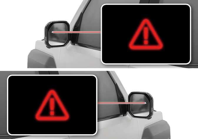2026 Kia Tasman Rear Cross-Traffic Collision-Avoidance Assist warning light image. A red triangle icon with an exclamation mark is illuminated on the side view mirror. This illustrates the visual warning alert displayed when a collision risk is detected.