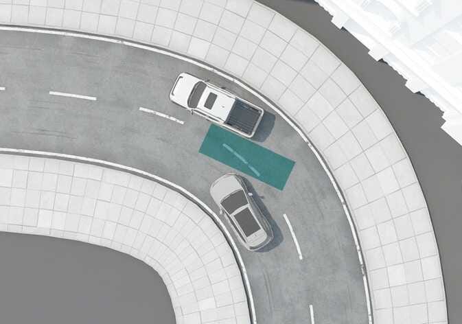 2026 Kia Tasman Blind-Spot Collision-Avoidance Assist limitation image. A top-down view shows the vehicle on a curved road with a white pickup truck in the adjacent lane, highlighted by a teal sensor zone. This illustrates system limitations when driving on curves.