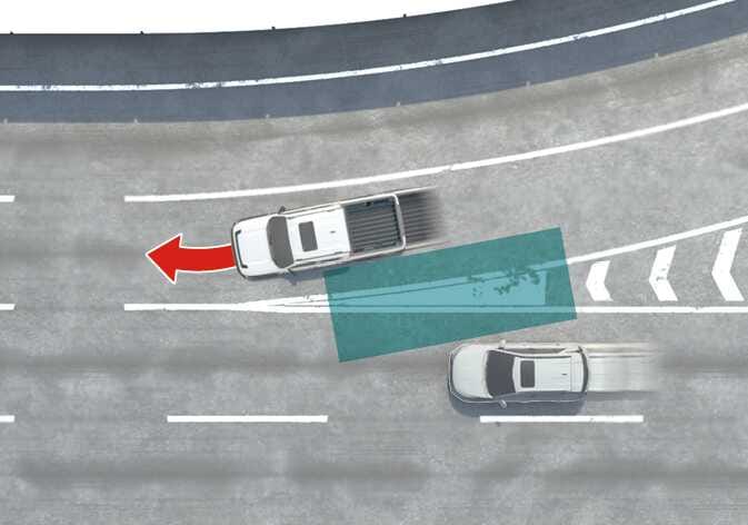 2026 Kia Tasman Blind-Spot Collision-Avoidance Assist limitation image. A white pickup truck attempts a left lane change, indicated by a red curved arrow, while another vehicle approaches rapidly in the detection zone highlighted in teal. This illustrates a condition where the system may not operate properly due to the high speed of the approaching vehicle.
