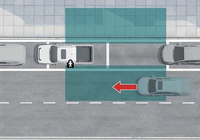 2026 Kia Tasman Safe Exit Assist (SEA) image. A top-down view shows a parked vehicle with a passenger icon at the rear door. A teal-highlighted zone and a red arrow indicate a vehicle approaching from the rear. Describes the function of detecting approaching traffic to assist safe exiting.