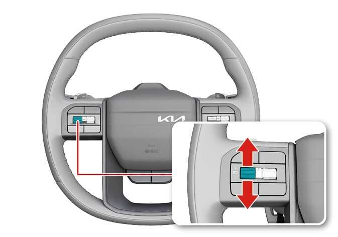 2026 Kia Tasman steering wheel speed adjustment switch image. The speed control switch on the left spoke is highlighted in teal. A detailed view features red vertical arrows indicating the switch can be pushed up or down. Explains the function of increasing or decreasing the set speed limit.