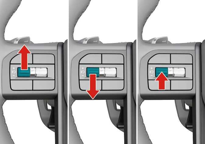 2026 Kia Tasman Manual Speed Limit Assist control switch image. It shows the switch on the right side of the steering wheel highlighted in teal. Red arrows indicate pushing the switch up, pushing it down, and pressing it inward. This explains the function of resuming the speed limit assist or setting the vehicle speed.