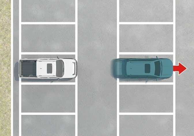 2026 Kia Tasman Leading Vehicle Departure Alert image. A top-down view shows a white vehicle stopped behind a teal vehicle. A red arrow points forward from the teal vehicle, indicating it is moving away. This illustrates the scenario where the leading vehicle departs.