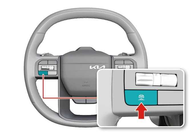 2026 Kia Tasman steering wheel vehicle distance button image. The image shows the steering wheel with the vehicle distance button on the left spoke highlighted in teal. A red arrow points to the button, which has a car icon with horizontal lines. This explains the function of pressing the button to adjust the vehicle distance for Smart Cruise Control.