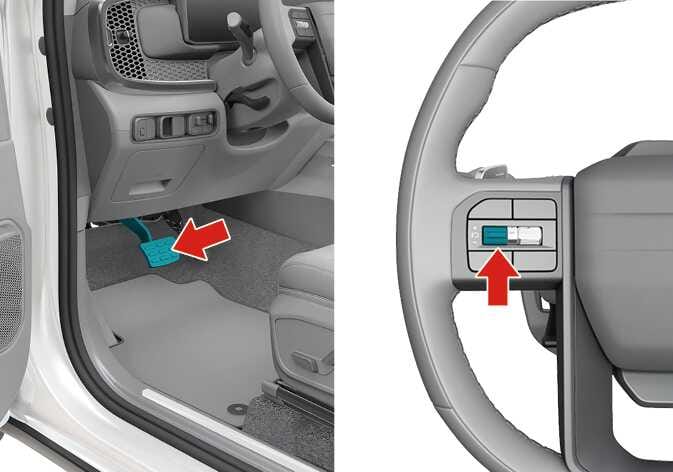 2026 Kia Tasman Cruise Control temporary pause operation image. The left view shows the brake pedal highlighted in cyan with a red arrow pointing to it. The right view shows the steering wheel switch highlighted in cyan with a red arrow pointing upwards. This describes the function of pausing Cruise Control by depressing the brake pedal or pressing the switch.