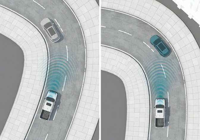 2026 Kia Tasman Smart Cruise Control limitation image. Overhead views show a white pickup truck on a curved road. Blue radar waves project straight, missing the grey vehicle ahead. This illustrates the sensor's limitation in detecting vehicles on curved roads.