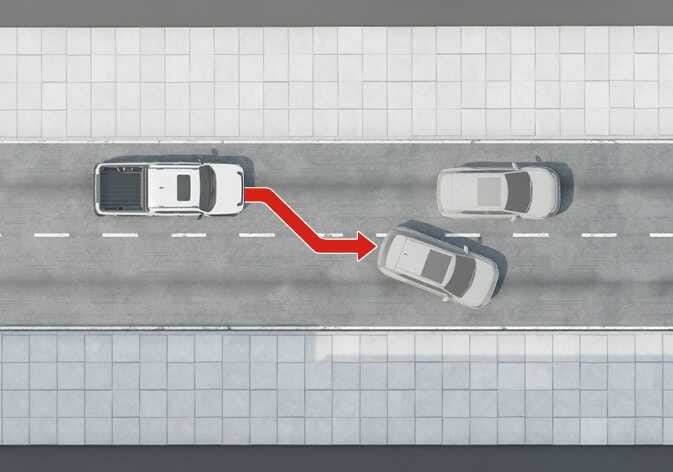 2026 Kia Tasman Smart Cruise Control limitation image. A top-down view shows a white pickup truck changing lanes behind a grey SUV, indicated by a red curved arrow. Explains the detection limitation when changing lanes behind another vehicle.