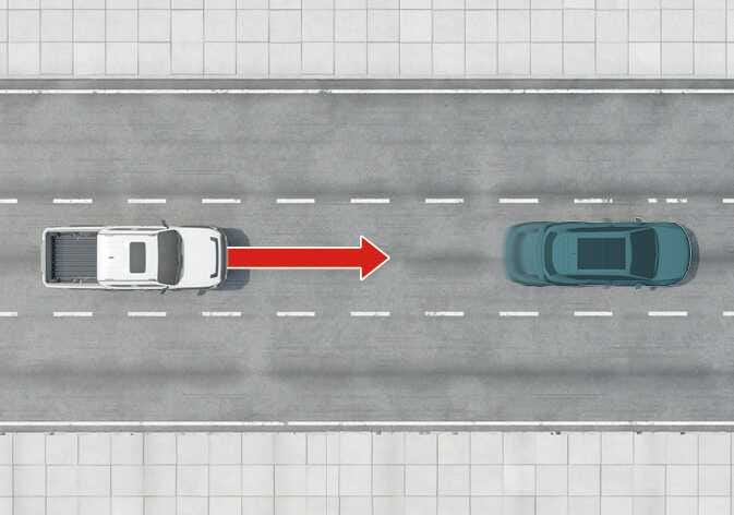 2026 Kia Tasman Highway Driving Assist image. A top-down view shows a white vehicle following a dark vehicle in the center lane, with a red arrow pointing from the white vehicle to the vehicle ahead. This explains the function of maintaining a set distance from the vehicle ahead and keeping the vehicle centered in the lane.