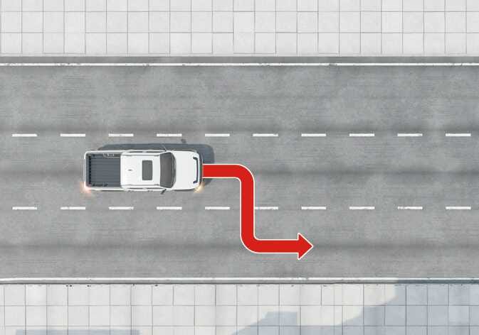 2026 Kia Tasman Highway Lane Change Assist image. A top-down view displays a white vehicle on a highway with a red curved arrow indicating a movement from the current lane to the right lane. This explains the function that helps change lanes to the direction the turn signal switch is operated.
