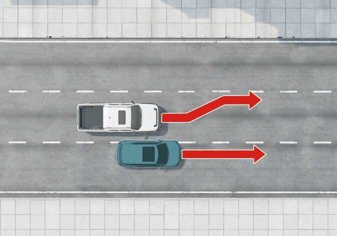 2026 Kia Tasman Driving to one side within lane image. A top-down view shows a white vehicle steering away from a blue vehicle in the adjacent lane, indicated by a curved red arrow. This explains the function of controlling steering to the opposite side when a surrounding vehicle is driving at a close distance.