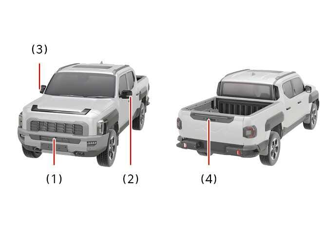 2026 Kia Tasman Ground View Monitor detecting sensor image. Front and rear vehicle views show red lines indicating the Wide-front-view camera (1), Wide-angle left-side camera (2), Wide-angle right-side camera (3), and Wide-rear-view camera (4). Describes the location of the detecting sensors.