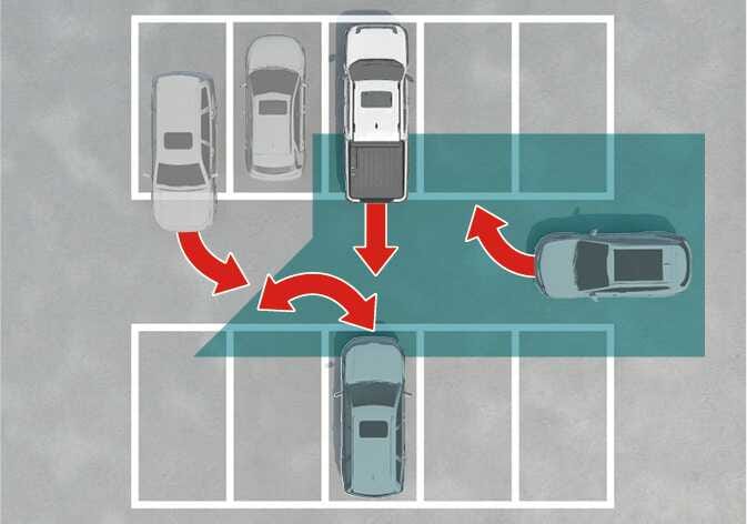 2026 Kia Tasman Rear Cross-Traffic Collision-Avoidance Assist limitation image. A top-down view shows a vehicle backing out with the rear area highlighted in teal. Red arrows indicate nearby vehicles parking or pulling out. Explains how the system may unnecessarily warn or brake in complex parking environments.