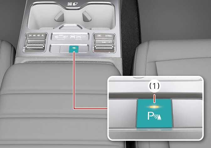 2026 Kia Tasman Parking Safety button image. The center console shows the button highlighted in teal. A red line connects to a detailed view (1) of the button with a 'P' symbol and an illuminated orange indicator light. Explains the function of activating the Parking Distance Warning system.