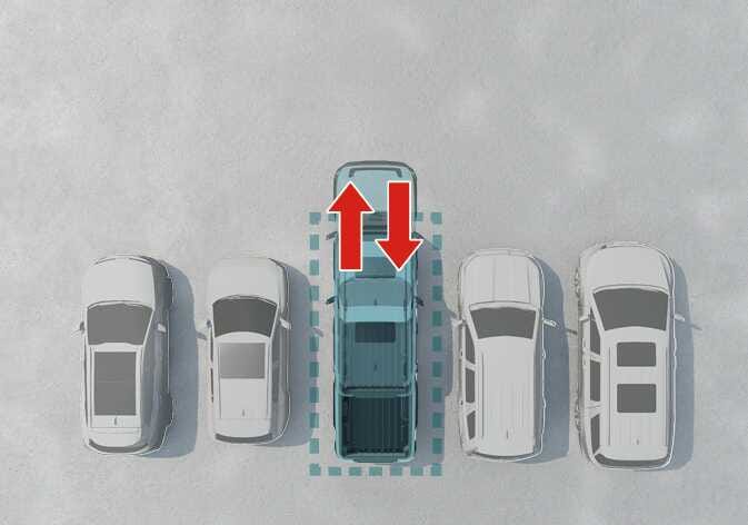 2026 Kia Tasman Remote Smart Parking Assist image. A top-down view shows the vehicle parked between two white vehicles, highlighted by a dotted line, with large red vertical arrows pointing forward and backward. Explains the function of remotely moving the vehicle forward or backward.