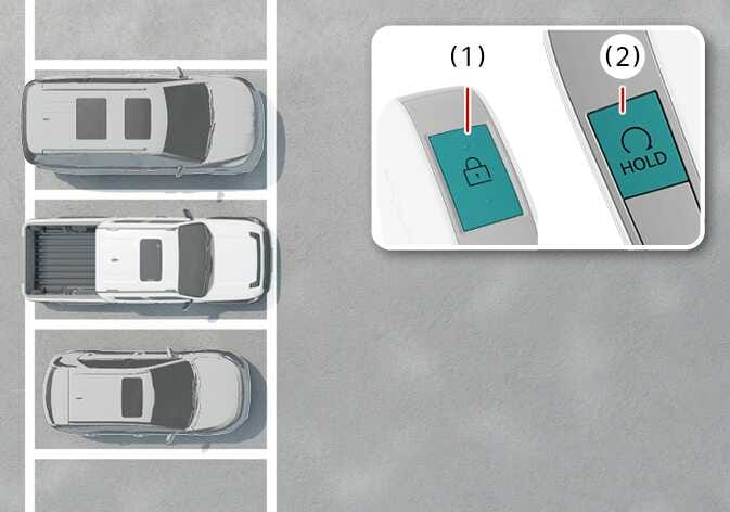 2026 Kia Tasman Remote Smart Parking Assist operation image. It displays a top-down view of parked vehicles and a detailed view of the smart key. The door lock button (1) with a padlock icon and the remote start button (2) with a circular arrow and 'HOLD' text are highlighted in teal. Explains the function of remotely starting the vehicle using the smart key buttons.