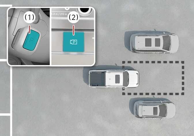 2026 Kia Tasman Remote Smart Parking Assist preparation image. Inset (1) shows the P button on the gear shift lever highlighted in teal. Inset (2) displays the Parking/View button highlighted in teal. The main view shows the vehicle parked near a target space. Explains the steps to activate the system before exiting the vehicle.