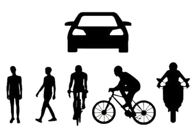 2026 Kia Tasman Forward Collision-Avoidance Assist detection targets image. A car silhouette is shown above silhouettes of pedestrians, cyclists, and a motorcyclist. This illustrates the types of obstacles, including vehicles, pedestrians, and powered two-wheelers, that the system is designed to detect.