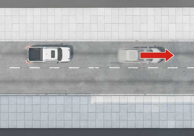 2026 Kia Tasman Leading vehicle departure alert limitation image. A top-down view shows a large red arrow pointing in the driving direction from the leading vehicle in front of the user's vehicle. It explains the situation where the alert may not operate properly when the vehicle ahead abruptly departures.