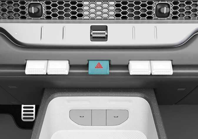 2026 Kia Tasman hazard warning flasher switch image. The button located in the center of the dashboard below the air vents is highlighted in teal and marked with a red triangle symbol. Explains the location of the switch used to activate the hazard warning lights.