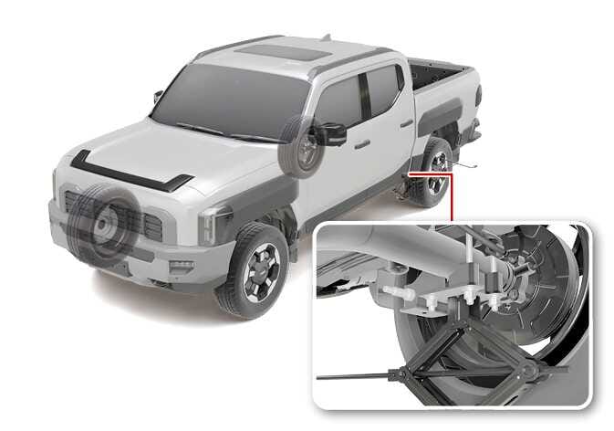2026 Kia Tasman rear jacking point location image. A red line points to the rear wheel area, and an inset view shows the jack placed under the designated frame plate. Explains the correct positioning of the jack for lifting the vehicle.