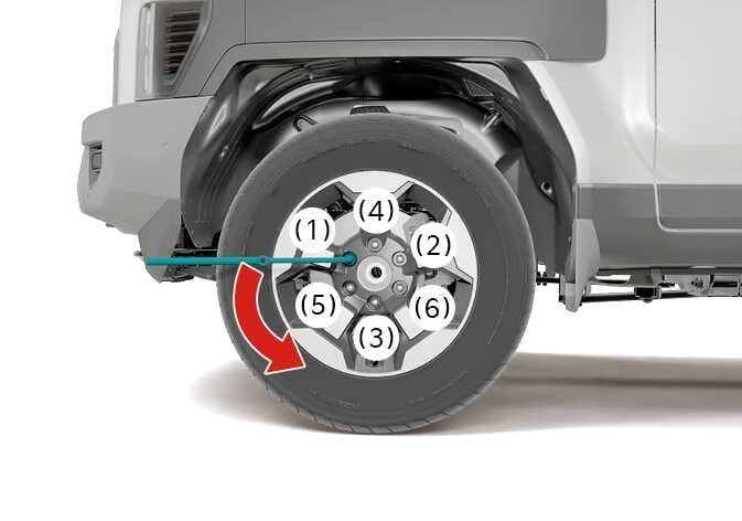 2026 Kia Tasman wheel lug nut loosening image. A teal-highlighted wrench and red curved arrow indicate counter-clockwise rotation. Numbers (1) through (6) show the diagonal sequence. This explains the direction and order to loosen the wheel lug nuts.