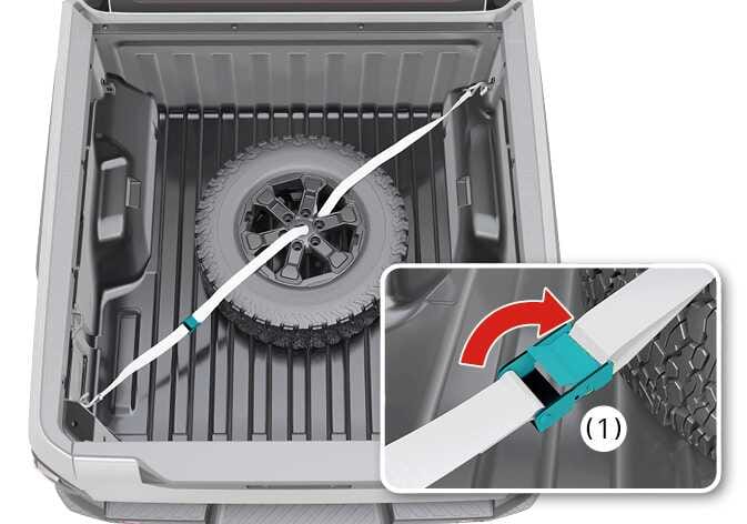 2026 Kia Tasman flat tire storage image. A flat tire is placed in the center of the cargo bed, secured by a white strap connected diagonally to the D-rings. An inset close-up shows the strap buckle (1) highlighted in teal, with a red curved arrow indicating the direction to operate the lever. This explains the function of tightening the strap to securely fix the flat tire.