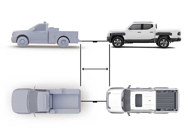 2026 Kia Tasman emergency towing image. Side and top views show a disabled vehicle on the left being towed by a vehicle on the right, connected via the front tow hook. A double-headed arrow indicates the distance. This explains the emergency towing configuration using the front hooks.