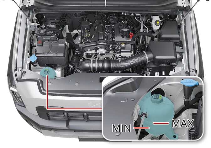2026 Kia Tasman engine coolant reservoir image. A red line indicates the reservoir's location within the engine compartment. A detailed view shows the translucent tank with a blue cap, featuring MIN and MAX level markings. This describes the function of locating and inspecting the engine coolant level.