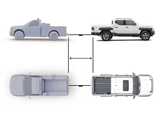 2026 Kia Tasman emergency rear towing image. The image shows side and top views of a grey towing vehicle and the white Kia Tasman positioned rear-to-rear. A tow strap with a marker connects the rear towing hook of the Tasman to the towing vehicle. This describes the procedure for towing using the rear towing hook.