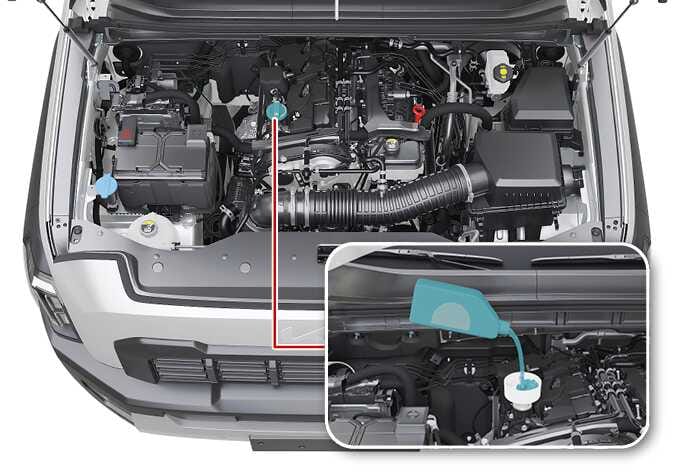 2026 Kia Tasman Smartstream G2.5 T-GDi engine oil replenishment image. It shows the engine bay with the oil filler cap highlighted in teal. A detailed inset illustrates pouring oil from a teal container into a funnel. Explains the location of the cap and the method for refilling engine oil.