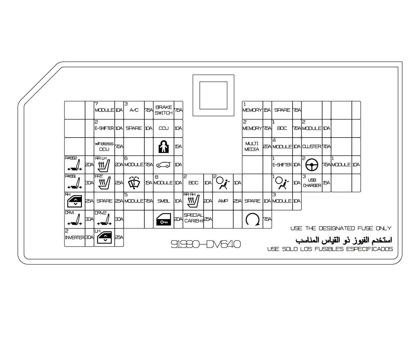 2026 Kia Tasman driver's side fuse panel diagram image. The schematic displays the grid layout of fuses with labels like MODULE, A/C, and MEMORY, along with amperage ratings such as 10A and 15A. Icons indicate circuits for heated seats and steering wheel. Explains the fuse arrangement for identification and replacement.