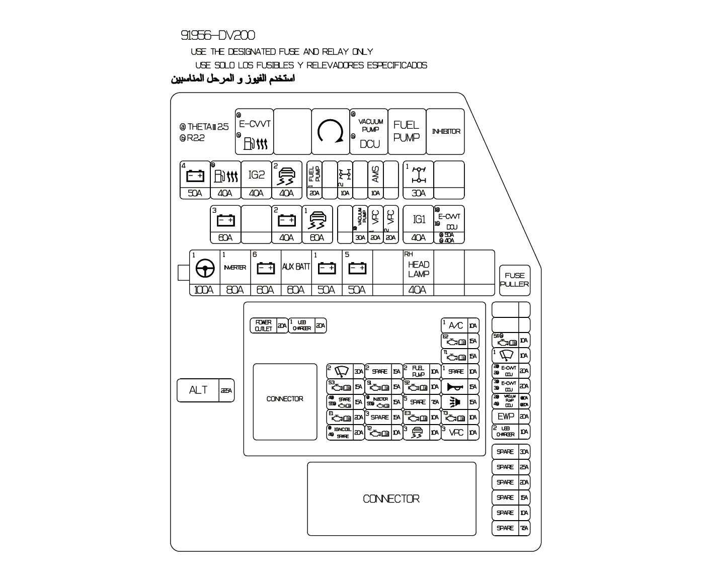2026 Kia Tasman engine compartment fuse panel diagram image. The schematic illustrates the layout of fuses and relays labeled with names like Fuel Pump, Head Lamp, and Inverter, along with amperage ratings such as 30A and 50A. Explains the arrangement of the engine room junction block for maintenance.