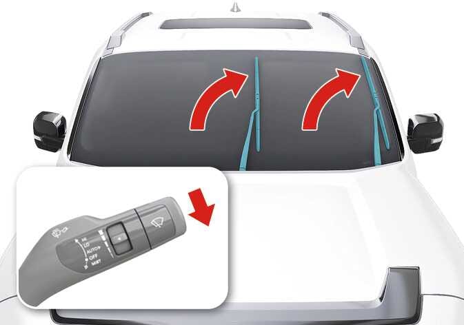 2026 Kia Tasman wiper blade replacement image. Wiper blades highlighted in cyan show upward movement with red curved arrows. An inset shows the wiper lever with a red arrow pointing down. Explains the function of setting wipers to the service position.