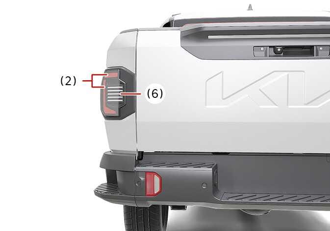 2026 Kia Tasman rear light position Type B image. The image displays the rear left side of the vehicle. Callout (2) indicates the Tail lamp/Stop lamp (LED type), and callout (6) points to the Rear turn signal lamp (LED type) featuring horizontal bars. This describes the location and arrangement of the rear lighting components.