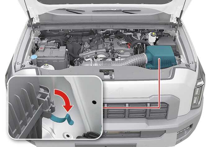 2026 Kia Tasman air cleaner filter replacement image. The air cleaner assembly is highlighted in teal within the engine bay. A close-up inset shows the locking lever in teal, with a red curved arrow indicating the direction to release the lock. This explains the function of unlocking the air cleaner cover.