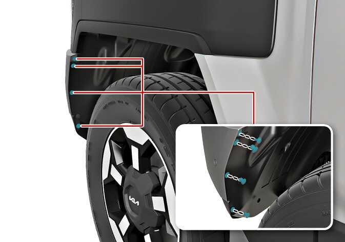 2026 Kia Tasman front wheel guard fasteners image. Red lines connect the front wheel arch area to an inset view displaying the inner wheel liner, where the fasteners are highlighted in cyan. Explains the location of the fasteners that must be removed to detach the wheel guard.