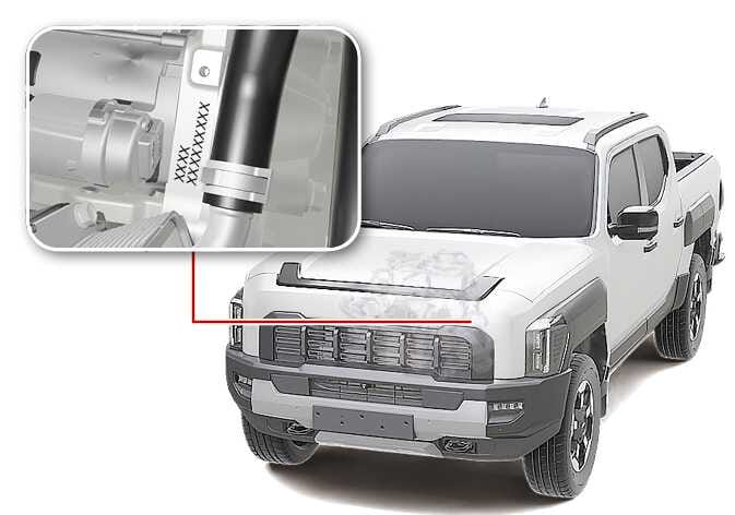 2026 Kia Tasman Smartstream G2.5 T-GDi engine number location image. A red line points from the front of the vehicle to a magnified view of the engine block, showing the identification number stamped vertically on the metal surface. Describes the location where the engine number is stamped.