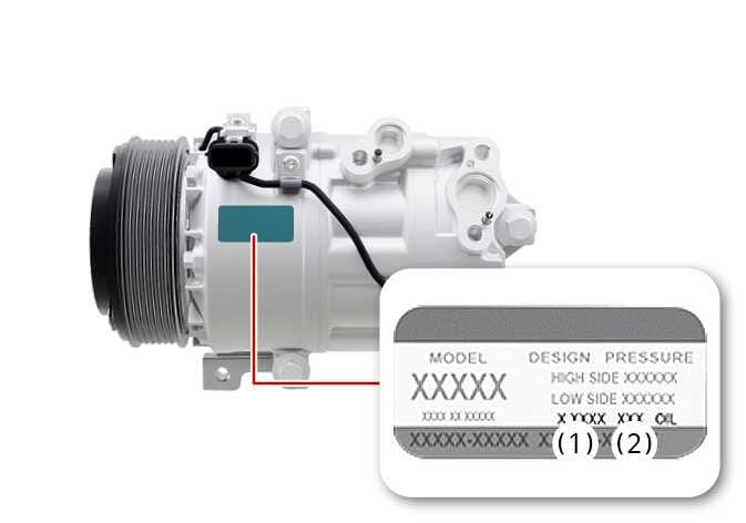 2026 Kia Tasman air conditioner compressor label image. The compressor is shown with the label area highlighted in teal. A red line leads to a detailed view of the label, where callout (1) indicates the refrigerant type and (2) indicates the refrigerant oil type. This explains the function of checking the compressor's specifications.