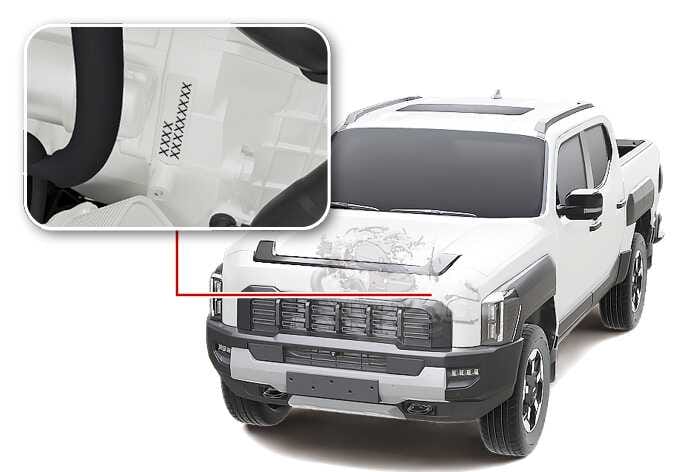 2026 Kia Tasman Smartstream D2.2 engine number location image. A red line points from the front grille area to a magnified inset showing the alphanumeric code stamped on the engine block. Explains the function of locating the engine identification number.