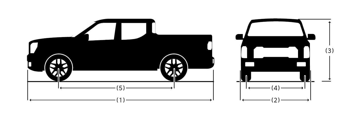 2026 Kia Tasman vehicle dimensions image. Side and front silhouettes show measurement points using arrows and numbers. Callouts indicate (1) overall length, (2) overall width, (3) overall height, and (4) tread. Describes the exterior size specifications.