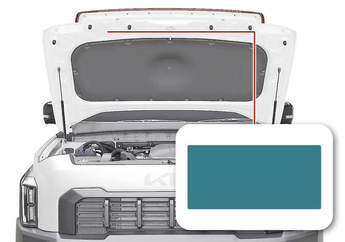 2026 Kia Tasman refrigerant label location image. The hood is open, and a red line points to the underside of the hood. A callout box displays the label highlighted in teal. This explains the location of the air conditioner refrigerant label.