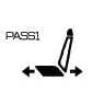 2026 Kia Tasman PASS1 fuse symbol icon. The image displays a stylized seat icon with a horizontal double-headed arrow below the cushion, indicating forward and backward adjustment, accompanied by the text 'PASS1'. It identifies the fuse related to the passenger seat sliding adjustment function.