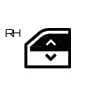 2026 Kia Tasman Power Window RH icon. The symbol features a car window outline containing vertical arrows pointing up and down, accompanied by 'RH' text on the left. It identifies the fuse protecting the right-hand power window circuit.