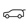 2026 Kia Tasman tailgate open symbol icon. A black outline icon showing the side profile of a vehicle with the rear tailgate open. Indicates the symbol for the tailgate system fuse.