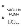 2026 Kia Tasman Vacuum Pump and DCU label image. Shows circled letter 'a' next to 'VACUUM PUMP' and 'b' next to 'DCU'. Identifies the components for the corresponding fuses in the engine compartment panel.