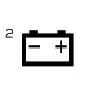 2026 Kia Tasman B+ 2 fuse symbol icon. A rectangular battery icon showing negative and positive terminals with the number 2 on the left. Identifies the B+ 2 fuse in the engine compartment fuse panel.