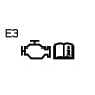 2026 Kia Tasman engine reference symbol icon. The image displays the text 'E3' alongside an engine outline and an open book symbol containing the letter 'i'. Identifies the engine system fuse and indicates referencing the manual.